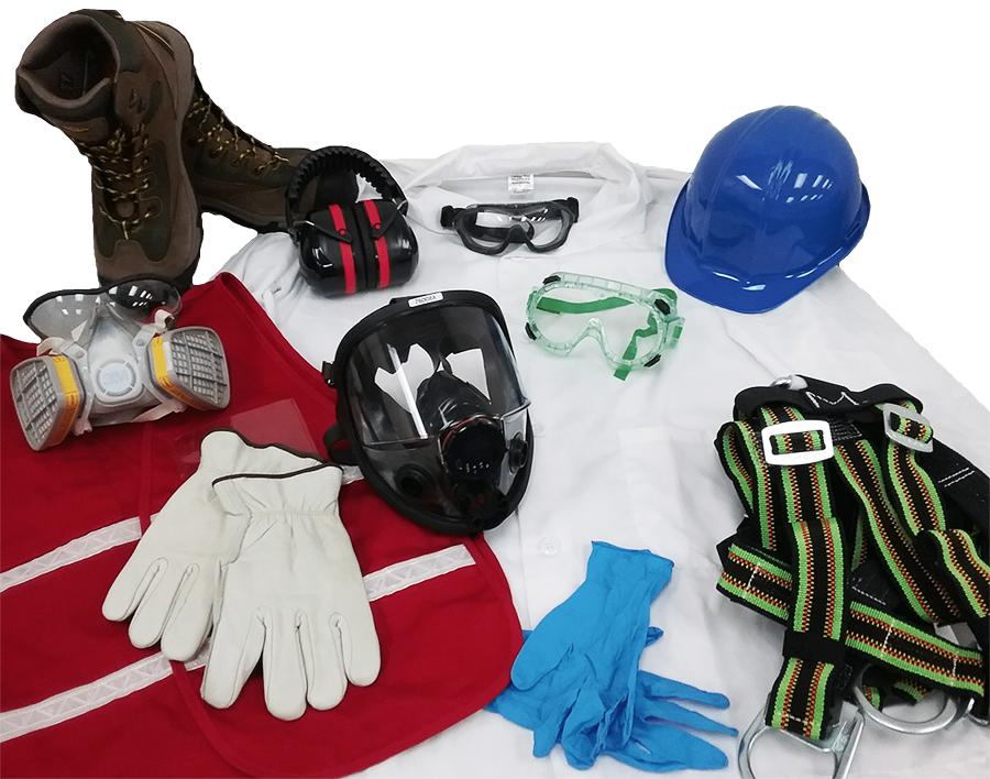 boots, gloves, harness, hard hat, protective shirt, masks